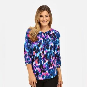 NYDJ Multicolor Patterned Button Down 3/4 Sleeve Perfect Blouse Size S
